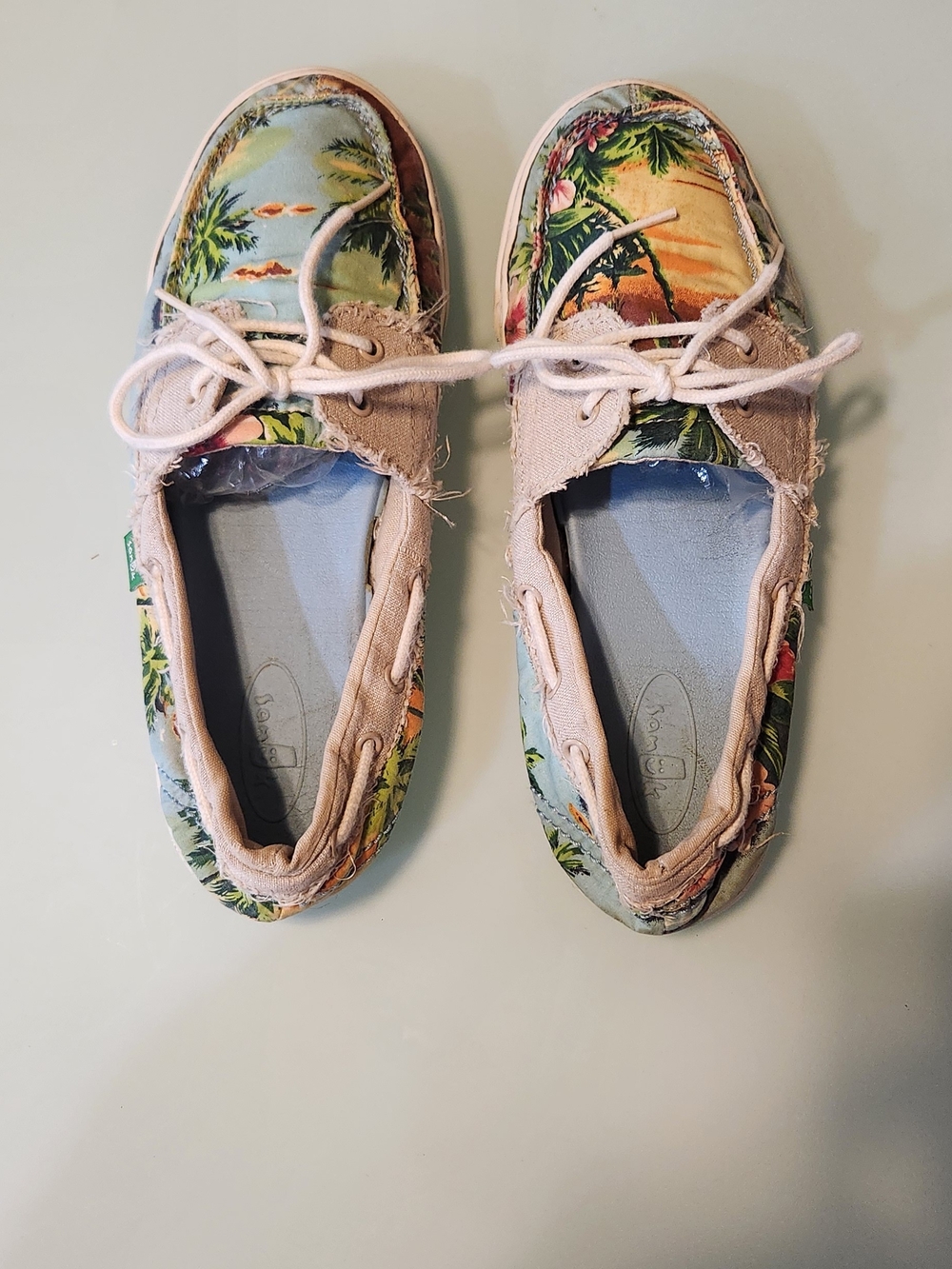 SANUK, Colorful, Tropical Canvas Boat Shoes - Light Blue & Beige